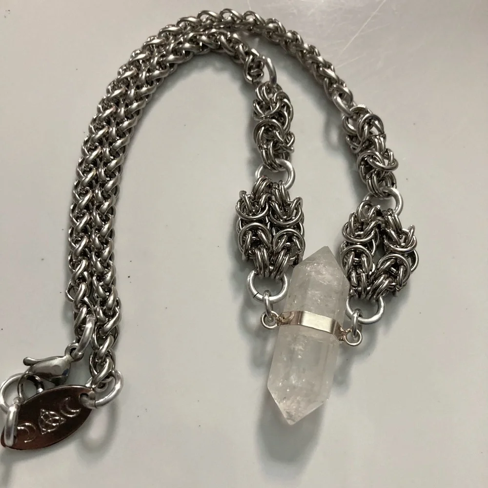 Genuine Double point clear crystal quartz maille silver boho choker necklace . - Picture 9 of 12
